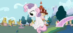 Size: 19461x8921 | Tagged: safe, artist:johnnyxluna, sweetie belle, oc, oc:johnny, pony, unicorn, g4, absurd resolution, bridge, building, canterlot, equestria, filly, foal, fountain, giant pony, giantess, macro, ponyville, ponyville town hall, sky, town hall