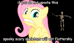 Size: 1000x581 | Tagged: safe, fluttershy, g4, 2spooky, animated, background pony strikes again, black background, comic sans, female, frown, gritted teeth, op is a duck, scared, simple background, skeleton, spooky, spooky scary skeleton, sweat, upvote bait, wide eyes