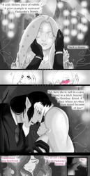 Size: 740x1430 | Tagged: safe, artist:gamblingfoxinahat, discord, fluttershy, princess celestia, human, g4, blushing, comic, female, grayscale, humanized, implied shipping, implied straight, male, monochrome, neo noir, partial color