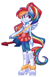 Size: 725x1118 | Tagged: safe, artist:looji, rainbow dash, human, equestria girls, g4, my little pony equestria girls: rainbow rocks, clothes, eared humanization, electric guitar, equestria girls outfit, female, guitar, long hair, musical instrument, ponied up, ponytail, rainbow rocks outfit, simple background, solo, transparent background, winged humanization, wings