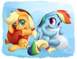 Size: 1650x1275 | Tagged: safe, artist:opticspectrum, applejack, rainbow dash, g4, apple, cloud, cloudy, hug