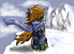 Size: 1024x740 | Tagged: safe, artist:howard59rus, oc, oc only, oc:littlepip, pony, unicorn, fallout equestria, clothes, fallout, fanfic, fanfic art, female, hooves, horn, jumpsuit, mare, pipbuck, snow, solo, vault suit