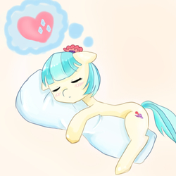 Size: 800x800 | Tagged: safe, artist:shouyu musume, coco pommel, rarity, g4, female, implied shipping, lesbian, pillow hug, pixiv, ship:marshmallow coco, shipping, sleeping, solo