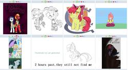 Size: 1023x560 | Tagged: safe, artist:jeki, artist:katsu, artist:tess, artist:wodahseht, artist:xenstroke, artist:zaiyaki, apple bloom, big macintosh, pinkie pie, princess celestia, rarity, twilight sparkle, alicorn, earth pony, human, pony, unicorn, semi-anthro, derpibooru, g4, clothes, female, filly, humanized, mare, meta, petrification, sitting