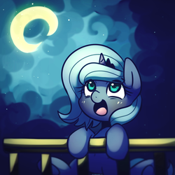 Size: 2000x2000 | Tagged: safe, artist:maren, princess luna, alicorn, pony, g4, cloud, cloudy, crescent moon, cute, featured image, female, filly, happy, high res, leaning, looking up, lunabetes, moon, open mouth, sitting, smiling, solo, underhoof, woona, younger