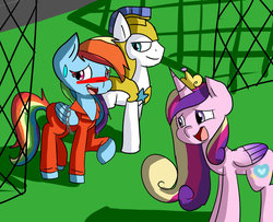 Size: 992x806 | Tagged: safe, artist:catmak800, princess cadance, rainbow dash, g4, chains, clothes, embarrassed, gates, grass, laughing, prison, prison outfit, prisoner, prisoner rd, royal guard, smiling