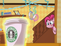 Size: 4000x3000 | Tagged: safe, artist:pirill, derpy hooves, pinkie pie, pony, g4, 30 minute art challenge, balloon, coffee, female, high res, interior, pinkie found the coffee, solo, starbucks, streamers, sugarcube corner, this will end in destruction, xk-class end-of-the-world scenario
