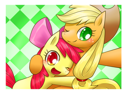 Size: 1000x750 | Tagged: safe, artist:hashioaryut, apple bloom, applejack, earth pony, pony, g4, colored pupils, duo, female, filly, foal, hug, mare, one eye closed, pixiv, smiling