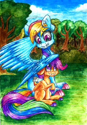 Size: 1210x1724 | Tagged: safe, artist:tidalwav-3, rainbow dash, scootaloo, g4, happy, scootalove, sitting