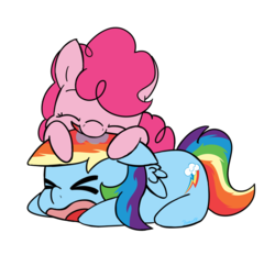 Size: 1500x1392 | Tagged: safe, artist:ramott, pinkie pie, rainbow dash, pony, g4, ><, duo, eyes closed, female, nom, simple background, transparent background