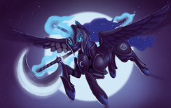Size: 822x520 | Tagged: safe, artist:mick-o-maikeru, princess luna, alicorn, pony, g4, armor, ethereal mane, female, flying, glowing horn, hoof shoes, horn, levitation, looking at you, magic, moon, night, scythe, solo, spread wings, warrior luna, weapon, wings