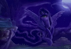 Size: 2562x1758 | Tagged: safe, artist:zilvart, princess luna, g4, female, flying, moon, night, solo, spread wings