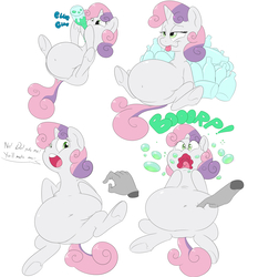 Size: 2800x3000 | Tagged: safe, artist:anonopony, sweetie belle, pony, unicorn, g4, belly, belly button, big belly, bloated, bottle, burp, cropped, dialogue, disembodied hand, female, filly, hand, high res, inflation, on back, poking, soda, soda inflation, squishy, tongue out, underhoof, wavy mouth