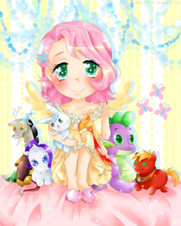 Size: 2975x3708 | Tagged: safe, artist:monicherrie, angel bunny, big macintosh, discord, fluttershy, rarity, spike, human, g4, high res, humanized, younger