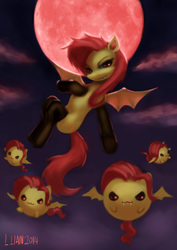Size: 1000x1415 | Tagged: safe, artist:doll, fluttershy, g4, :3, bedroom eyes, blood moon, chubbie, clothes, fangs, female, flutterbat, glare, looking at you, moon, night, smiling, solo, stockings, underhoof