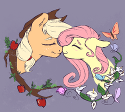 Size: 1500x1345 | Tagged: safe, artist:horseyes, artist:poniebones, applejack, fluttershy, butterfly, g4, apple, female, flower, lesbian, nuzzling, ship:appleshy, shipping