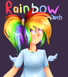 Size: 624x699 | Tagged: safe, artist:baid-woo, rainbow dash, human, g4, clothes, female, floating wings, humanized, ponytail, smiling, solo, t-shirt, winged humanization