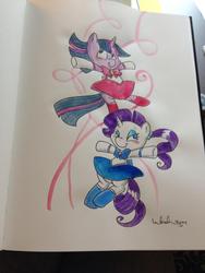 Size: 852x1136 | Tagged: safe, artist:katie cook, rarity, twilight sparkle, alicorn, pony, g4, clothes, female, mare, sailor moon (series), traditional art, twilight sparkle (alicorn)