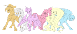 Size: 2785x1253 | Tagged: safe, artist:zedrin, applejack, fluttershy, pinkie pie, rainbow dash, rarity, twilight sparkle, alicorn, classical unicorn, pony, g4, cloven hooves, female, flat colors, horn, leonine tail, mane six, mare, simple background, twilight sparkle (alicorn), unshorn fetlocks