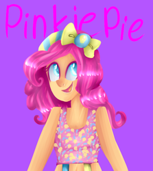 Size: 624x699 | Tagged: safe, artist:baid-woo, pinkie pie, human, g4, bow, clothes, female, hair bow, humanized, looking up, midriff, open mouth, smiling, solo, tank top