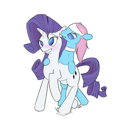 Size: 814x853 | Tagged: artist needed, source needed, safe, lotus blossom, rarity, earth pony, pony, unicorn, g4, blushing, cotton swab, cross-eyed, duo, ear cleaning, hoof stamp, lip bite, messy mane, no pupils, smiling, spa pony