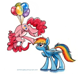 Size: 737x707 | Tagged: safe, artist:kenket, artist:spainfischer, pinkie pie, rainbow dash, pony, g4, balloon, duo, long legs, simple background, then watch her balloons lift her up to the sky, traditional art