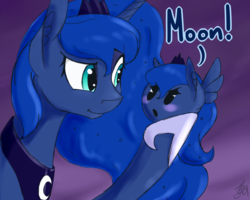 Size: 1024x819 | Tagged: safe, artist:tlatophat, princess luna, g4, :o, angry, blob, blob ponies, blushing, chibi, chubbie, cute, dialogue, female, glare, hoof hold, moon, raised eyebrow, smiling, solo, too many ponies