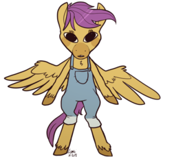 Size: 606x556 | Tagged: safe, artist:comickit, scootaloo, pony, g4, bipedal, clothes, female, overalls, solo, unshorn fetlocks, wat