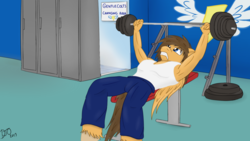 Size: 1024x576 | Tagged: safe, artist:djose-ohara, oc, oc only, oc:firenze, pegasus, anthro, muscles, wonderbolts, workout
