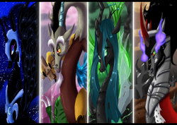 Size: 842x595 | Tagged: safe, artist:blazemizu, discord, king sombra, nightmare moon, queen chrysalis, g4, antagonist, wrong aspect ratio