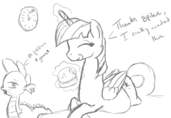 Size: 1154x797 | Tagged: safe, artist:patch, spike, twilight sparkle, alicorn, pony, g4, abdominal bulge, belly, eating, female, food baby, hay burger, magic, mama twilight, mare, monochrome, preglight sparkle, pregnancy cravings, pregnant, sketch, stuffed belly, stuffing, tired, twilight burgkle, twilight sparkle (alicorn)