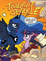 Size: 403x532 | Tagged: safe, official comic, princess luna, twilight sparkle, alicorn, pony, g4, spoiler:comic, annoyed, book, female, frown, mare, open mouth, shut up, spread wings, traditional royal canterlot voice, twilight sparkle (alicorn), wide eyes, yelling