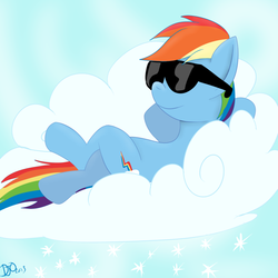 Size: 1024x1024 | Tagged: safe, artist:djose-ohara, rainbow dash, pegasus, pony, g4, 20% cooler, cloud, cloudy, cutie mark, female, hooves, lying on a cloud, mare, on a cloud, on back, relaxing, smiling, solo, sunglasses, wings