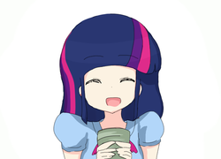 Size: 620x446 | Tagged: safe, twilight sparkle, equestria girls, g4, clothes, cute, happy, humanized, marisa and alice's cookie kiss, parody, school uniform, simple background, tea, touhou, twiabetes, white background