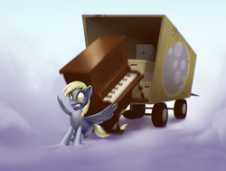 Size: 1600x1210 | Tagged: safe, artist:moonlitbrush, derpy hooves, pegasus, pony, comic:derpy deliveries, g4, air wagon, cloud, cloudy, delivery, female, mare, musical instrument, oops my bad, piano, safe (object), scene interpretation, solo, spread wings, truck