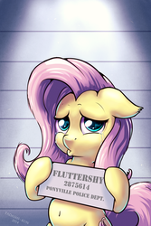 Size: 1000x1500 | Tagged: safe, artist:tadashi--kun, fluttershy, g4, arrested, belly button, crying, duckface, female, floppy ears, looking at you, mugshot, pouting, sad, solo