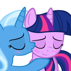 Size: 2000x2000 | Tagged: safe, artist:navitaserussirus, trixie, twilight sparkle, pony, unicorn, g4, blushing, cheek kiss, cute, duo, eyes closed, female, high res, kissing, lesbian, ship:twixie, shipping, simple background, transparent background