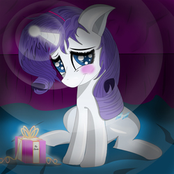 Size: 1600x1600 | Tagged: safe, artist:mrbrunoh1, rarity, pony, unicorn, g4, bed, cutie mark, female, glowing horn, horn, magic, present, solo