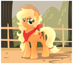 Size: 3418x3000 | Tagged: safe, artist:xwhitedreamsx, applejack, g4, alternate hairstyle, bandana, female, fence, high res, looking at you, loose hair, solo, straw