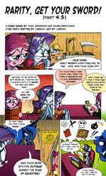 Size: 1200x2000 | Tagged: safe, artist:labba94, pinkie pie, princess luna, rarity, twilight velvet, alicorn, earth pony, pony, unicorn, comic:rarity get your sword, g4, book, clothes, comic, court, courtroom, flag, gallows, gavel, implied hanging, judge, lawyer, noose, nose blowing, nuts, playing card, prison outfit, scythe, stocks, swearing, trial, typewriter