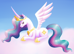 Size: 1100x800 | Tagged: safe, artist:lantaniel, princess celestia, alicorn, pony, g4, cloud, female, prone, sitting, sky, solo, spread wings