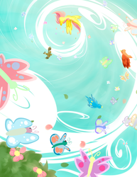 Size: 1912x2475 | Tagged: safe, artist:graphic-lee, fluttershy, bird, butterfly, g4, animal, female, flower, flying, graceful, solo, wind, wind trail, windswept mane