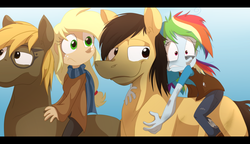 Size: 2000x1152 | Tagged: safe, artist:fj-c, applejack, rainbow dash, horse, equestria girls, g4, humanized, humans riding horses, riding