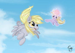 Size: 1316x931 | Tagged: safe, artist:bakakawaicosplay0o0, derpy hooves, dinky hooves, pegasus, pony, g4, equestria's best mother, female, flying, mare