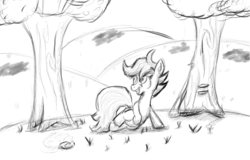 Size: 900x576 | Tagged: safe, artist:paucity-luxuriance, scootaloo, g4, female, monochrome, solo, tree