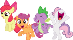 Size: 1519x826 | Tagged: safe, artist:cheezedoodle96, apple bloom, scootaloo, spike, sweetie belle, dragon, earth pony, pegasus, pony, unicorn, equestria games (episode), g4, somepony to watch over me, .svg available, adorabloom, balancing, belly, bipedal, bow, cheering, cute, cutie mark crusaders, eyes closed, female, filly, friendshipping, happy, jumping, nose in the air, open mouth, raised leg, simple background, svg, tongue out, transparent background, uvula, vector, y pose