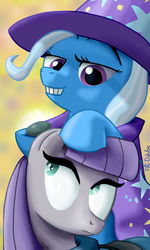 Size: 599x1000 | Tagged: safe, artist:foudubulbe, boulder (g4), maud pie, trixie, pony, comic:damp rocks, g4, ear, female, grin, lesbian, magic trick, magician outfit, ship:mauxie, shipping, smiling