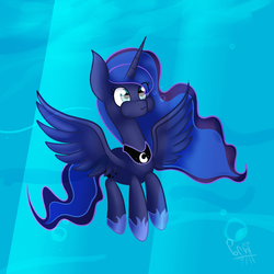 Size: 1024x1024 | Tagged: safe, artist:munkalvin, princess luna, alicorn, pony, g4, blue background, blue eyes, blue mane, blue tail, bubble, chibi, crepuscular rays, cute, digital art, ethereal mane, ethereal tail, eye clipping through hair, feather, female, flowing mane, flowing tail, holding breath, hoof shoes, horn, long horn, mare, ocean, puffy cheeks, signature, simple background, smiling, solo, spread wings, sunlight, swimming, tail, underwater, water, wings