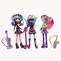 Size: 500x500 | Tagged: safe, photo finish, pixel pizazz, violet blurr, equestria girls, g4, doll, female, irl, keytar, merchandise, microphone, musical instrument, photo, ponied up, saxophone, the snapshots, toy