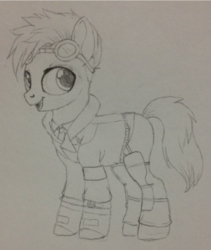 Size: 728x863 | Tagged: safe, artist:astrophysicks, goggles, monochrome, neptune, ponified, rwby, traditional art